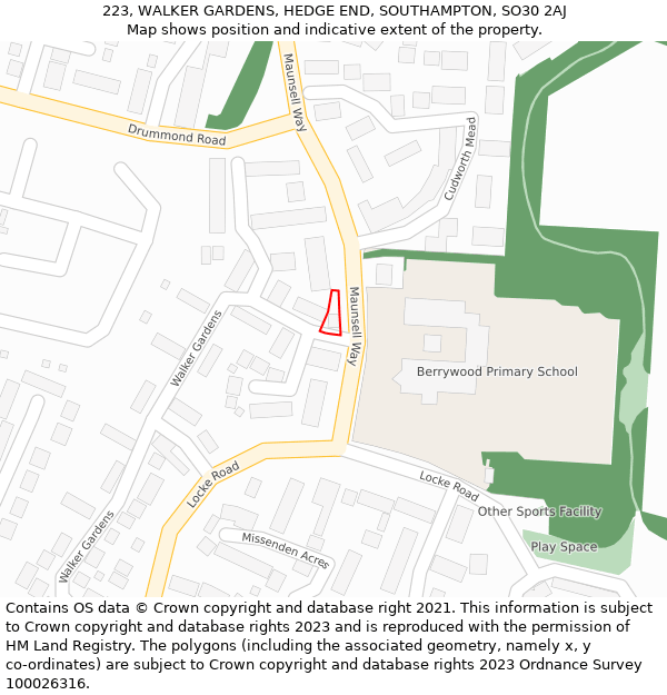 223, WALKER GARDENS, HEDGE END, SOUTHAMPTON, SO30 2AJ: Location map and indicative extent of plot