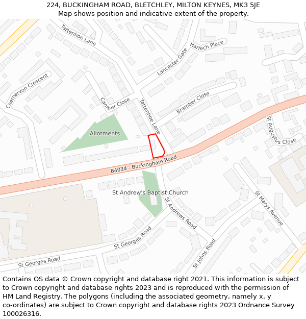 224, BUCKINGHAM ROAD, BLETCHLEY, MILTON KEYNES, MK3 5JE: Location map and indicative extent of plot