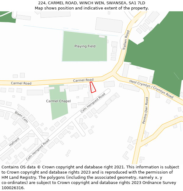 224, CARMEL ROAD, WINCH WEN, SWANSEA, SA1 7LD: Location map and indicative extent of plot