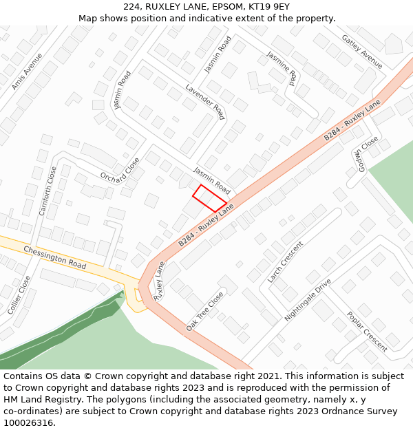 224, RUXLEY LANE, EPSOM, KT19 9EY: Location map and indicative extent of plot