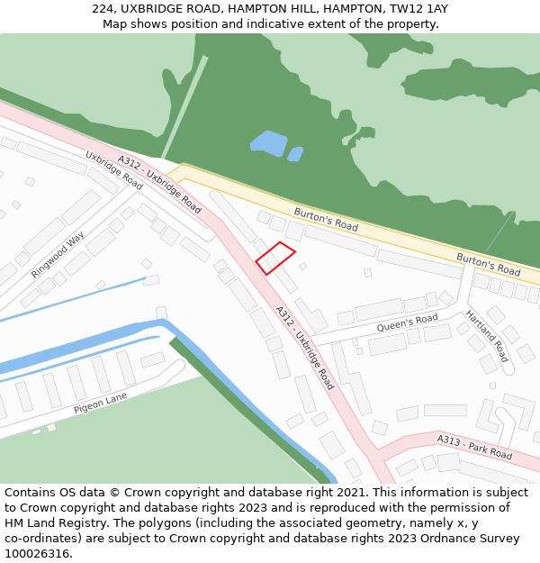 224, UXBRIDGE ROAD, HAMPTON HILL, HAMPTON, TW12 1AY: Location map and indicative extent of plot