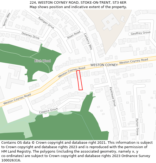 224, WESTON COYNEY ROAD, STOKE-ON-TRENT, ST3 6ER: Location map and indicative extent of plot