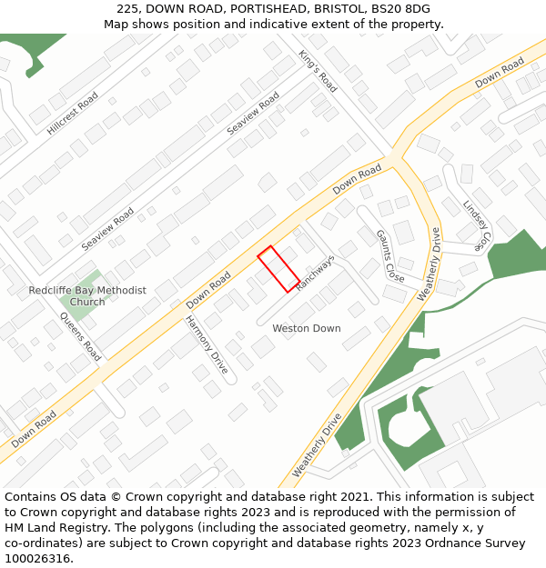 225, DOWN ROAD, PORTISHEAD, BRISTOL, BS20 8DG: Location map and indicative extent of plot