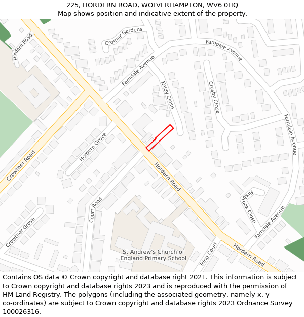 225, HORDERN ROAD, WOLVERHAMPTON, WV6 0HQ: Location map and indicative extent of plot