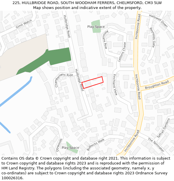 225, HULLBRIDGE ROAD, SOUTH WOODHAM FERRERS, CHELMSFORD, CM3 5LW: Location map and indicative extent of plot