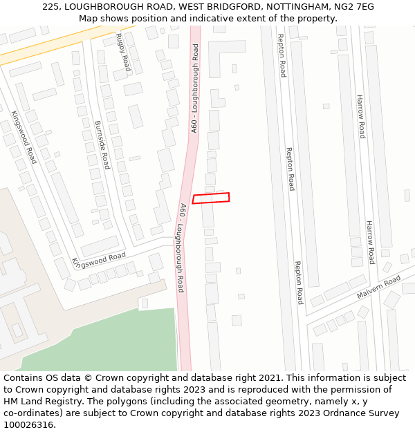 225, LOUGHBOROUGH ROAD, WEST BRIDGFORD, NOTTINGHAM, NG2 7EG: Location map and indicative extent of plot