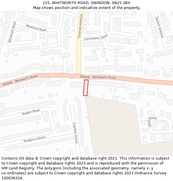 225, WHITWORTH ROAD, SWINDON, SN25 3BX: Location map and indicative extent of plot