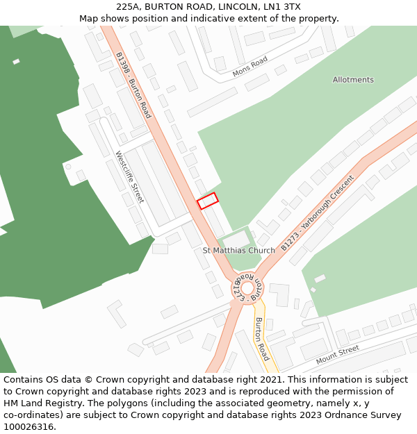 225A, BURTON ROAD, LINCOLN, LN1 3TX: Location map and indicative extent of plot