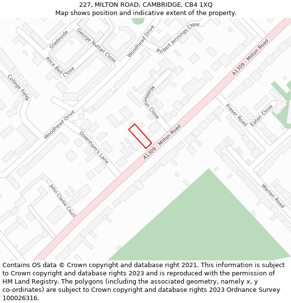 227, MILTON ROAD, CAMBRIDGE, CB4 1XQ: Location map and indicative extent of plot