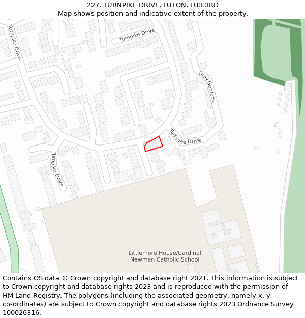 227, TURNPIKE DRIVE, LUTON, LU3 3RD: Location map and indicative extent of plot