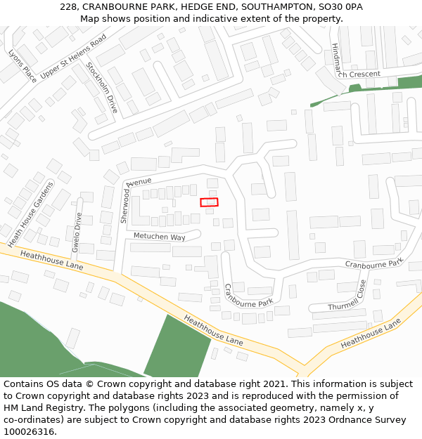 228, CRANBOURNE PARK, HEDGE END, SOUTHAMPTON, SO30 0PA: Location map and indicative extent of plot