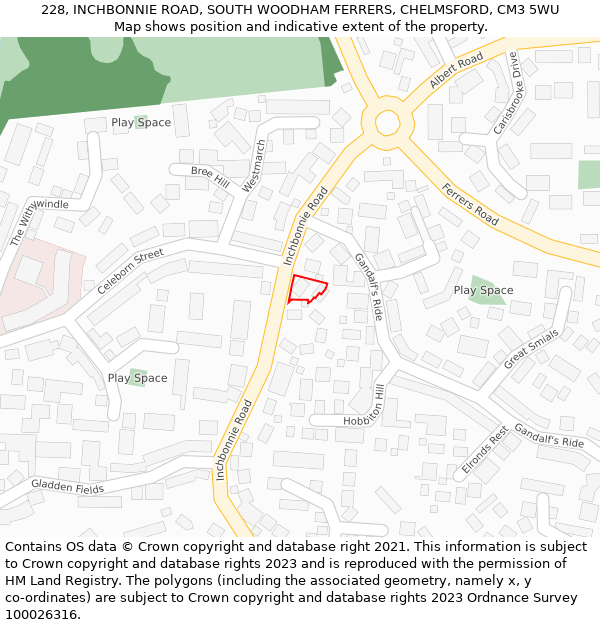 228, INCHBONNIE ROAD, SOUTH WOODHAM FERRERS, CHELMSFORD, CM3 5WU: Location map and indicative extent of plot