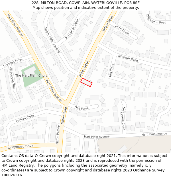 228, MILTON ROAD, COWPLAIN, WATERLOOVILLE, PO8 8SE: Location map and indicative extent of plot