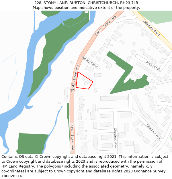 228, STONY LANE, BURTON, CHRISTCHURCH, BH23 7LB: Location map and indicative extent of plot