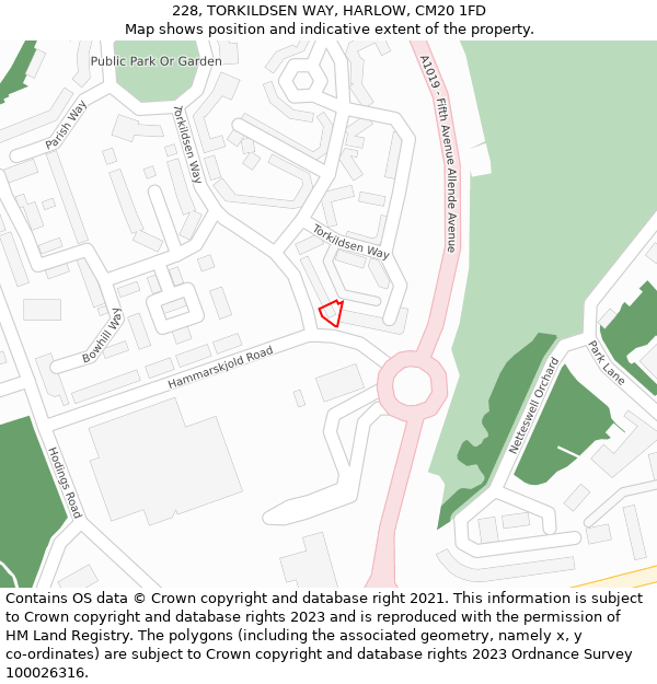 228, TORKILDSEN WAY, HARLOW, CM20 1FD: Location map and indicative extent of plot