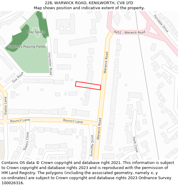 228, WARWICK ROAD, KENILWORTH, CV8 1FD: Location map and indicative extent of plot