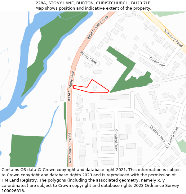 228A, STONY LANE, BURTON, CHRISTCHURCH, BH23 7LB: Location map and indicative extent of plot