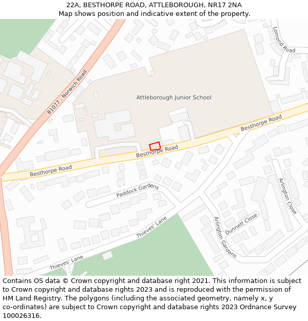 22A, BESTHORPE ROAD, ATTLEBOROUGH, NR17 2NA: Location map and indicative extent of plot