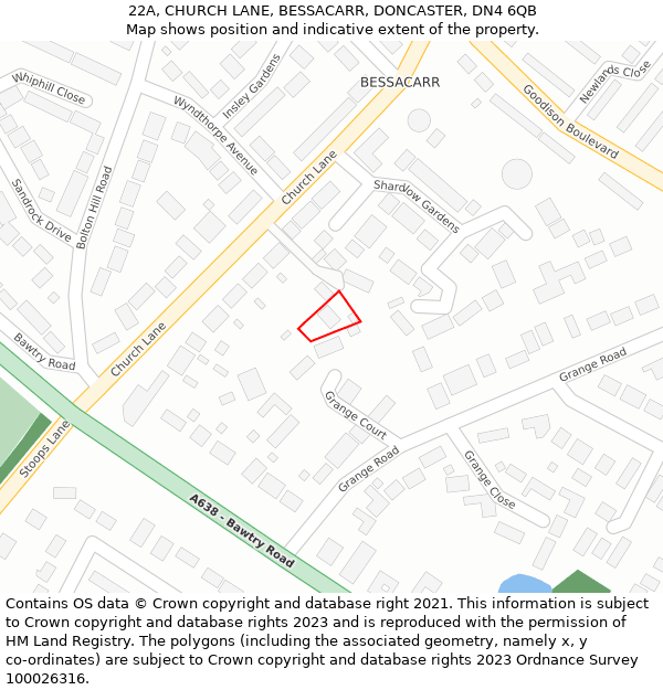 22A, CHURCH LANE, BESSACARR, DONCASTER, DN4 6QB: Location map and indicative extent of plot