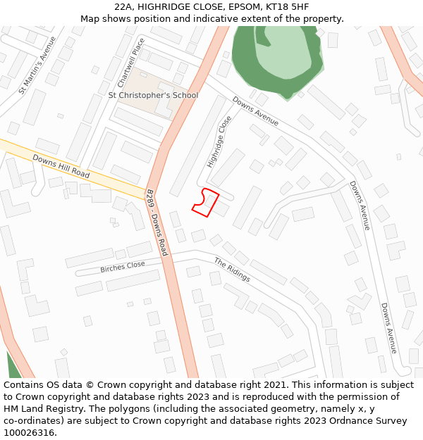 22A, HIGHRIDGE CLOSE, EPSOM, KT18 5HF: Location map and indicative extent of plot