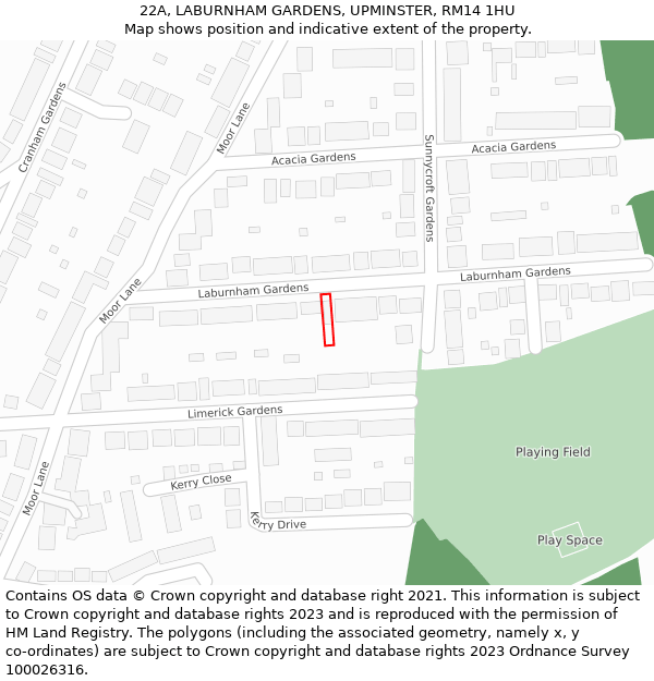 22A, LABURNHAM GARDENS, UPMINSTER, RM14 1HU: Location map and indicative extent of plot