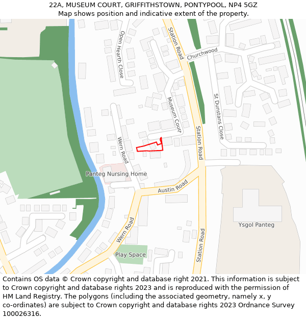 22A, MUSEUM COURT, GRIFFITHSTOWN, PONTYPOOL, NP4 5GZ: Location map and indicative extent of plot