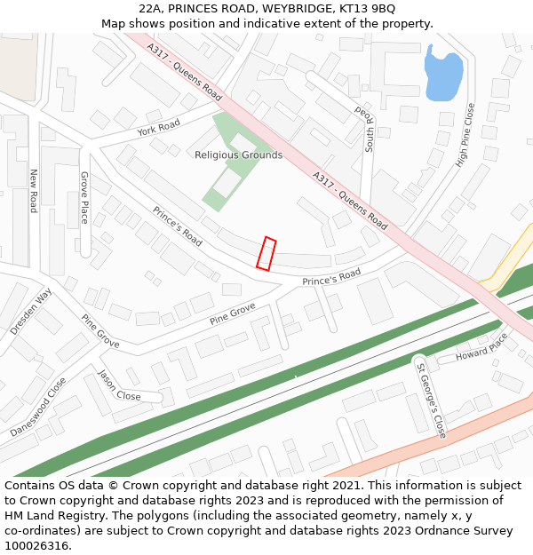 22A, PRINCES ROAD, WEYBRIDGE, KT13 9BQ: Location map and indicative extent of plot