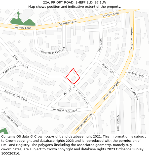 22A, PRIORY ROAD, SHEFFIELD, S7 1LW: Location map and indicative extent of plot