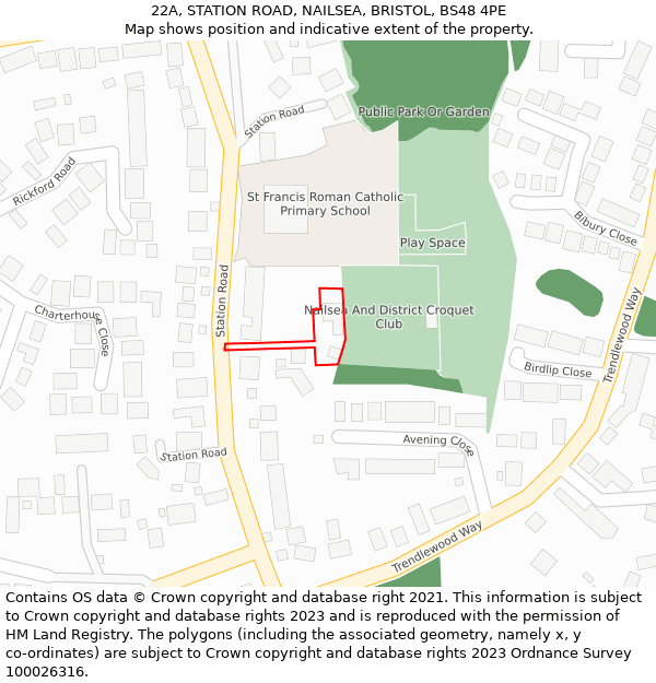 22A, STATION ROAD, NAILSEA, BRISTOL, BS48 4PE: Location map and indicative extent of plot