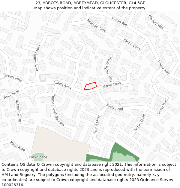 23, ABBOTS ROAD, ABBEYMEAD, GLOUCESTER, GL4 5GF: Location map and indicative extent of plot