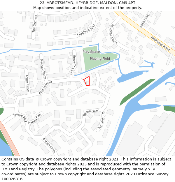 23, ABBOTSMEAD, HEYBRIDGE, MALDON, CM9 4PT: Location map and indicative extent of plot