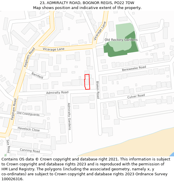 23, ADMIRALTY ROAD, BOGNOR REGIS, PO22 7DW: Location map and indicative extent of plot