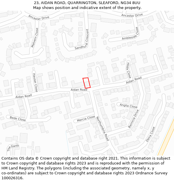 23, AIDAN ROAD, QUARRINGTON, SLEAFORD, NG34 8UU: Location map and indicative extent of plot