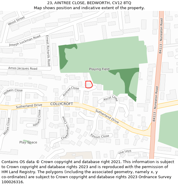 23, AINTREE CLOSE, BEDWORTH, CV12 8TQ: Location map and indicative extent of plot