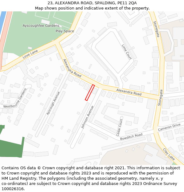 23, ALEXANDRA ROAD, SPALDING, PE11 2QA: Location map and indicative extent of plot