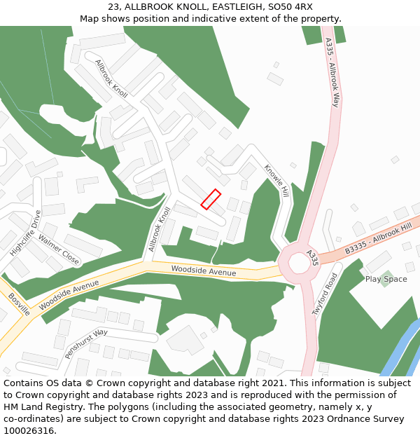 23, ALLBROOK KNOLL, EASTLEIGH, SO50 4RX: Location map and indicative extent of plot