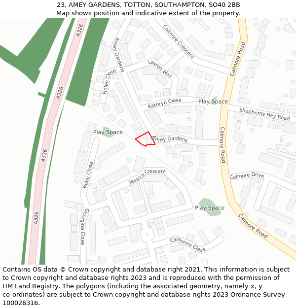 23, AMEY GARDENS, TOTTON, SOUTHAMPTON, SO40 2BB: Location map and indicative extent of plot