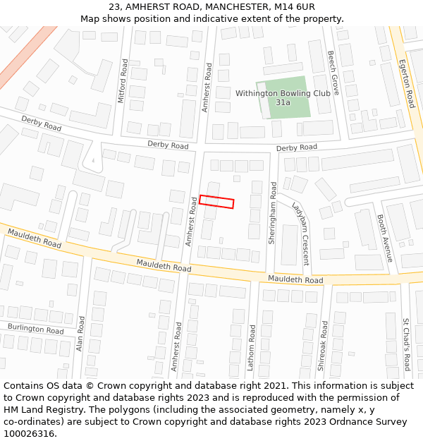 23, AMHERST ROAD, MANCHESTER, M14 6UR: Location map and indicative extent of plot