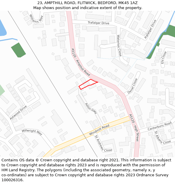 23, AMPTHILL ROAD, FLITWICK, BEDFORD, MK45 1AZ: Location map and indicative extent of plot