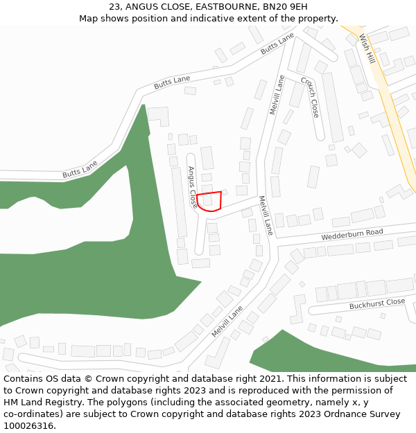 23, ANGUS CLOSE, EASTBOURNE, BN20 9EH: Location map and indicative extent of plot