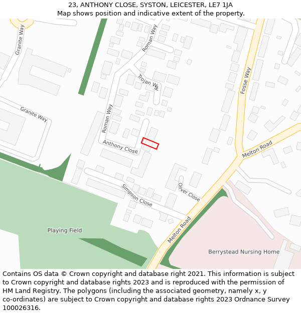 23, ANTHONY CLOSE, SYSTON, LEICESTER, LE7 1JA: Location map and indicative extent of plot