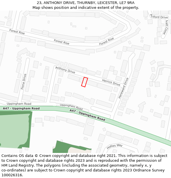 23, ANTHONY DRIVE, THURNBY, LEICESTER, LE7 9RA: Location map and indicative extent of plot