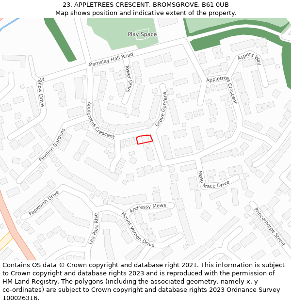 23, APPLETREES CRESCENT, BROMSGROVE, B61 0UB: Location map and indicative extent of plot