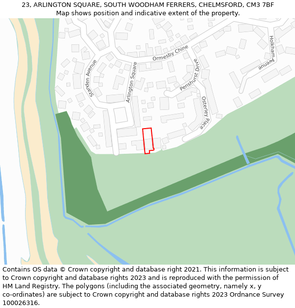 23, ARLINGTON SQUARE, SOUTH WOODHAM FERRERS, CHELMSFORD, CM3 7BF: Location map and indicative extent of plot