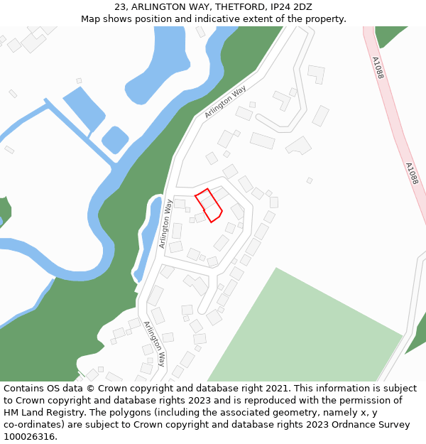 23, ARLINGTON WAY, THETFORD, IP24 2DZ: Location map and indicative extent of plot
