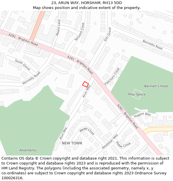 23, ARUN WAY, HORSHAM, RH13 5DD: Location map and indicative extent of plot