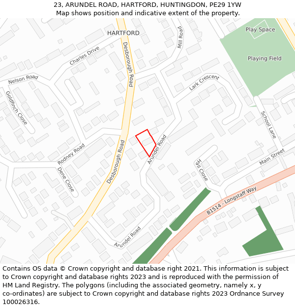 23, ARUNDEL ROAD, HARTFORD, HUNTINGDON, PE29 1YW: Location map and indicative extent of plot