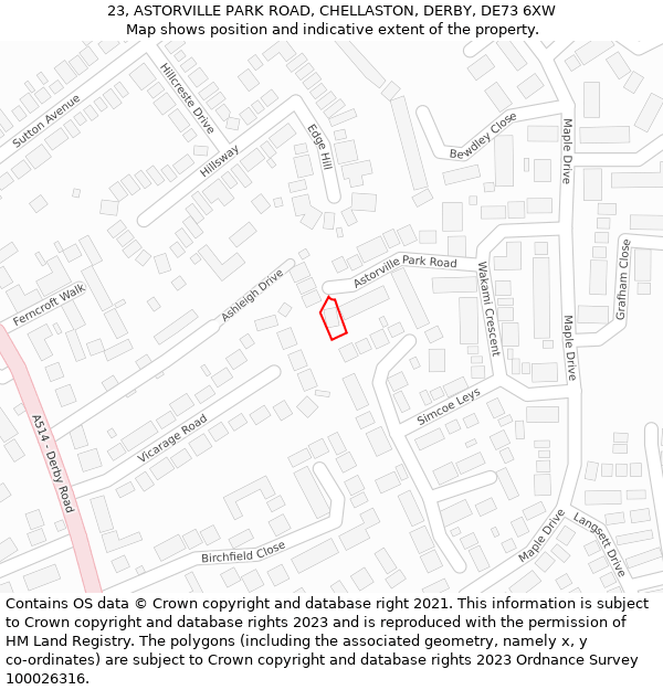 23, ASTORVILLE PARK ROAD, CHELLASTON, DERBY, DE73 6XW: Location map and indicative extent of plot