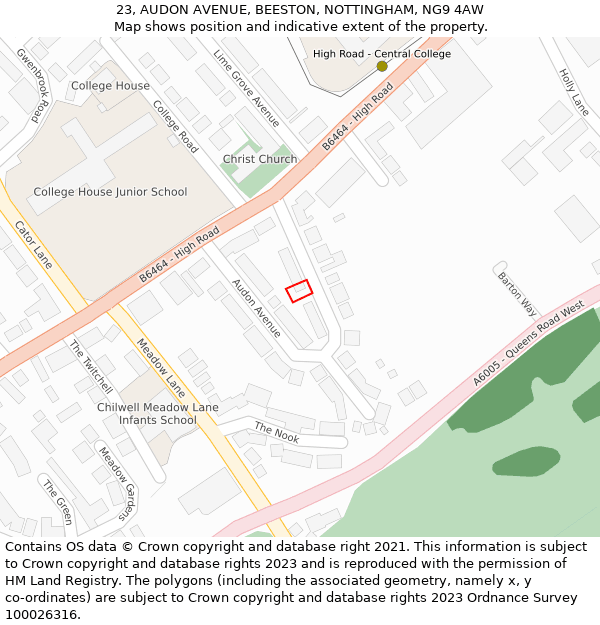 23, AUDON AVENUE, BEESTON, NOTTINGHAM, NG9 4AW: Location map and indicative extent of plot