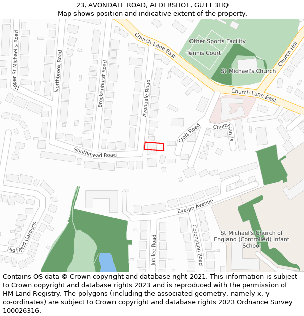 23, AVONDALE ROAD, ALDERSHOT, GU11 3HQ: Location map and indicative extent of plot